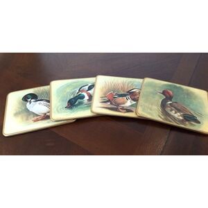 COASTERS Wild Duck‎ Mallard Cork Back Basil Ede England Vintage Set of 4 Barware